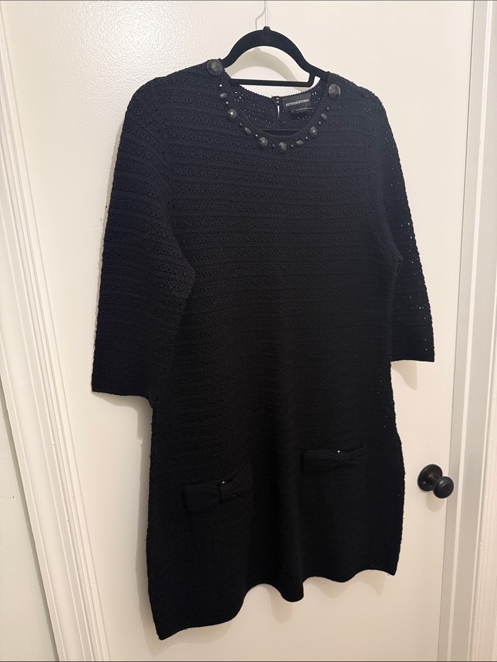 Sutton Studio Black Knit 3/4-Sleeve Jewel-Trim Shift Dress